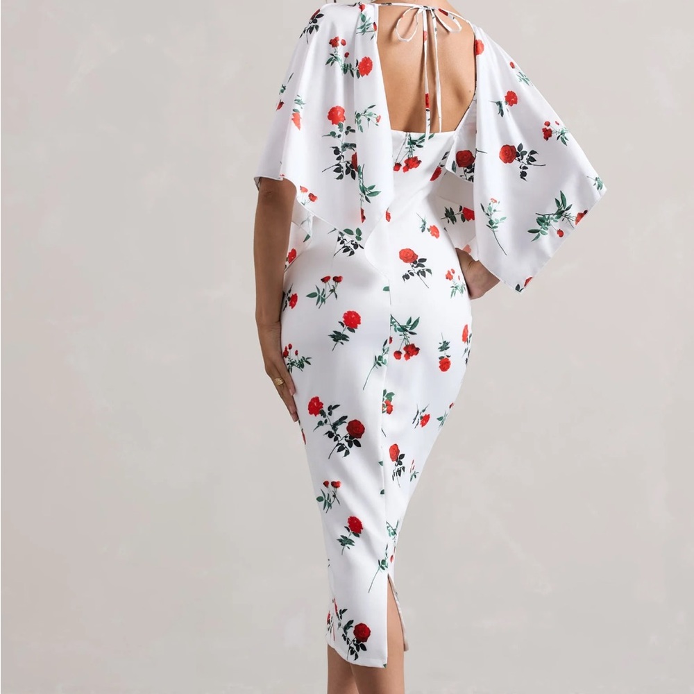NEW Club L London Bonita Rose Print Cape-Sleeve Midi Dress